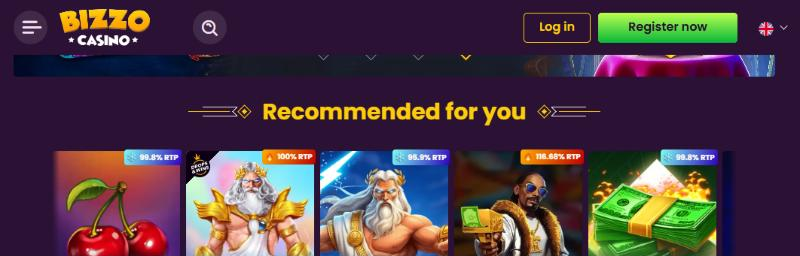 Ενότητα προτεινόμενων παιχνιδιών του Bizzo Casino με ένδειξη RTP σε κάθε πλακίδιο