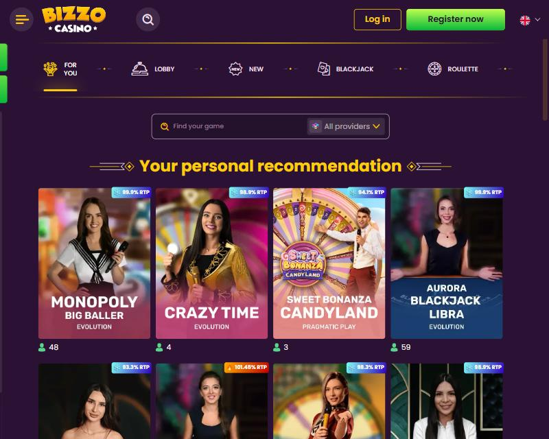 Bizzo Casino live casino with blackjack and roulette tabs and tiles for Monopoly Big Baller, Crazy Time, Sweet Bonanza Candyland and Aurora Blackjack