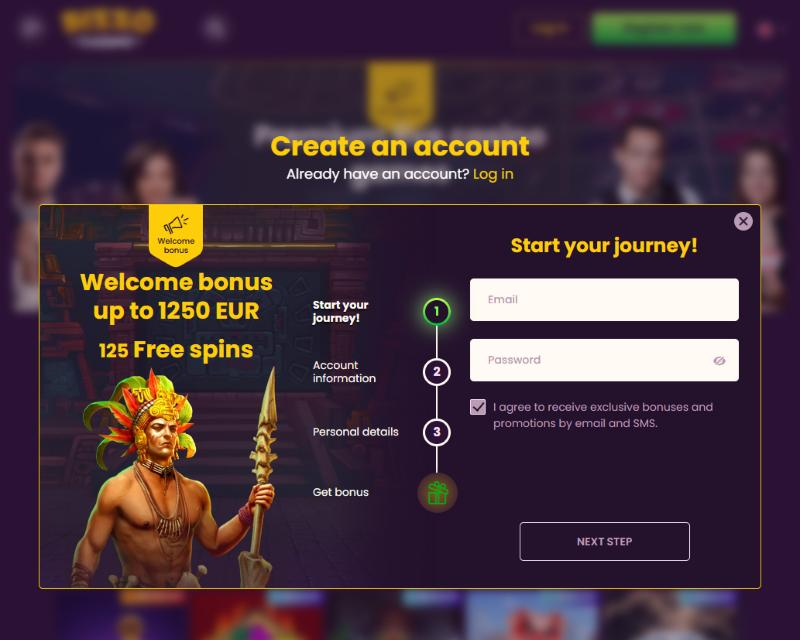 Φόρμα εγγραφής του Bizzo Casino με τρία βήματα, πεδία email και κωδικού και προεπιλεγμένη συγκατάθεση για διαφημιστικά μηνύματα