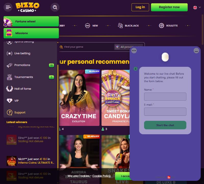 Bizzo Casino side menu with the Support item and an open live chat window asking for name and email