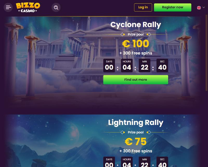 Σελίδα τουρνουά του Bizzo Casino με τα Cyclone Rally και Lightning Rally, έπαθλα 100 και 75 ευρώ και 300 δωρεάν περιστροφές