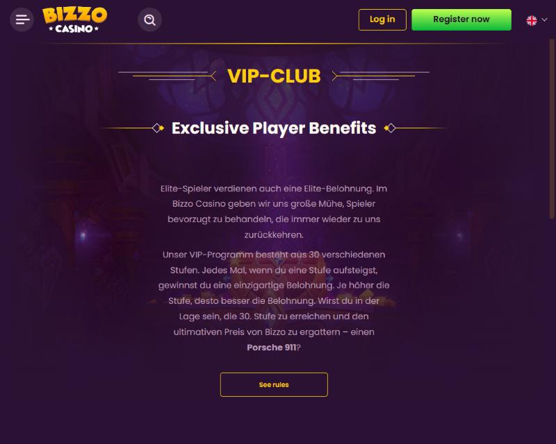 Σελίδα VIP Club του Bizzo Casino που περιγράφει πρόγραμμα 30 επιπέδων